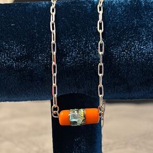 KB Orange and Silver Necklace opalescent center orange stone statement simple